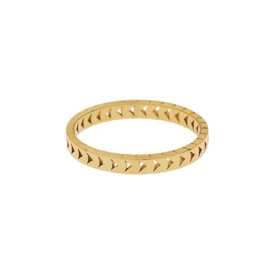 Goudkleurige minimalistische ring van roestvrij staal met herhalend driehoekig patroon in het midden.