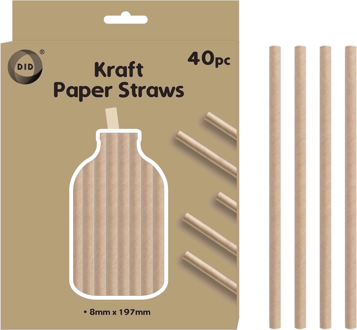 DID Kraftpapier rietjes - 40x stuks - naturel - 20cm x 0.8cm - drinkrietjes - wegwerprietjes