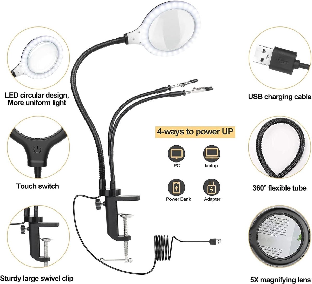 nomiou Vergrootglas met licht, derde hand, solderen, 3x vergroting, helpende handen, daglicht, vergrootlamp met licht met 28 dimbare leds, zware belasting, 4 flexibele helpende armen, verlicht om te