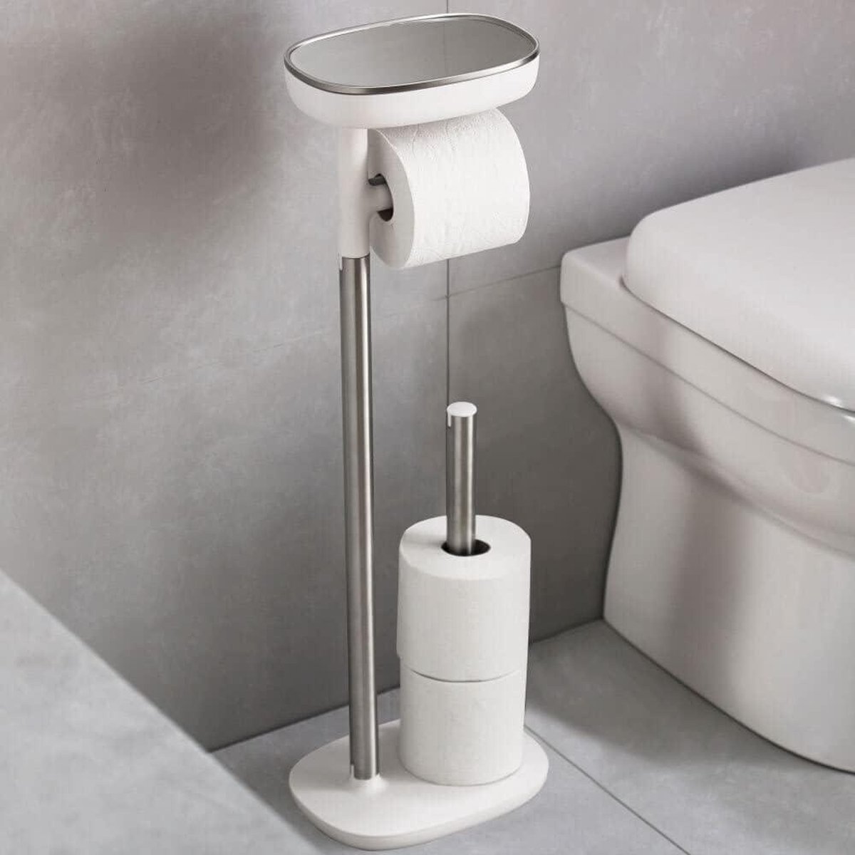 Toiletrolhouder op standaard tot 4 rollen met telefoonhouder en sanitair compartiment - Roestvrij staal