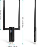 Zwarte EDUP WiFi 6E adapter met twee antennes. Afmetingen: 15 cm (antennes), 21.8 cm (hoog), 2.85 cm (breed).
