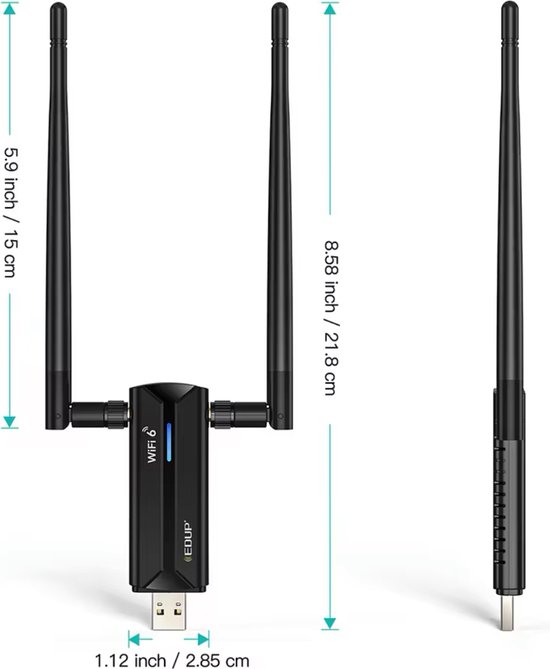 Zwarte EDUP WiFi 6E adapter met twee antennes. Afmetingen: 15 cm (antennes), 21.8 cm (hoog), 2.85 cm (breed).