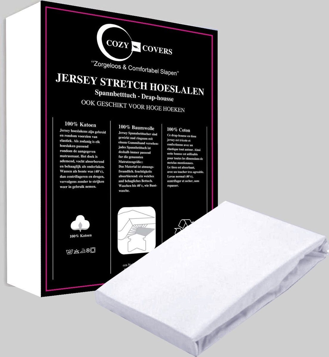 Cozy covers Jersey hoeslaken 100% katoen 160/180x200 cm - rondomelastiek + 30 cm matrasdikte - Wit