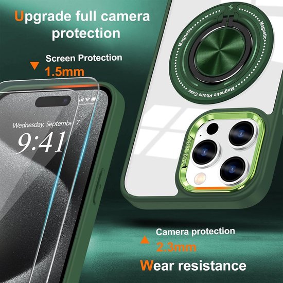 Coque adaptée pour iPhone 15 Pro Max Coque Arara pour Magsafe Coque rigide transparente – Béquille avec Ring rotatif et 2 protecteurs d'écran – Vert