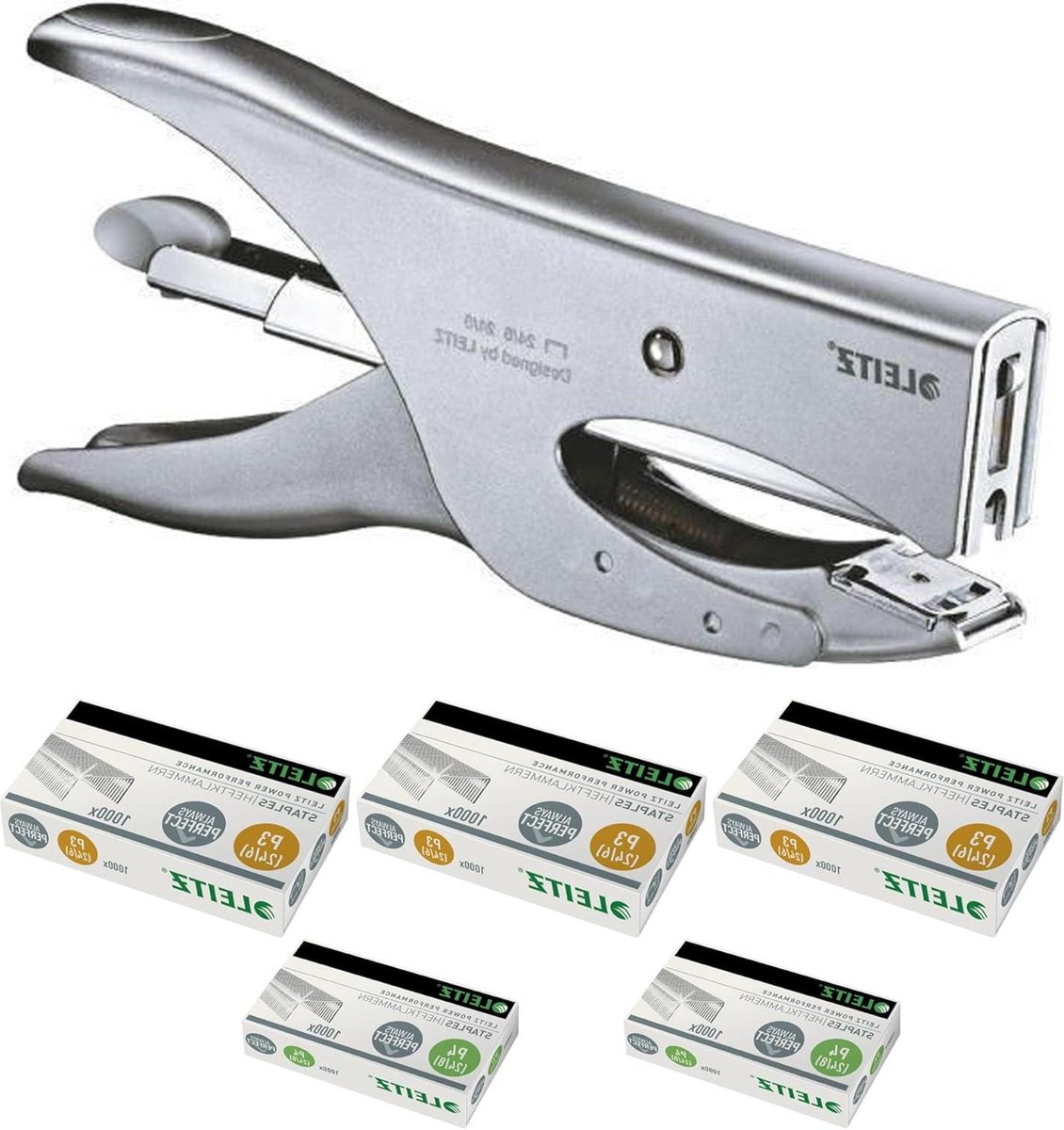 Leitz 55490081 backloader-mechanisme niettang - nietcapaciteit 40 vellen - mat zilver - inclusief 5.000 nietjes startuitrusting - 3x 1.000 24/6 en 2x 1.000 24/8 - heft tang 55490081 MK
