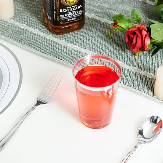 Lot 50 Verres Plastique 360ml - Bord Argenté - Réutilisables - Pour Fêtes Et événements