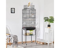 Luxe Papegaaienkooi - Parkietenkooi - Grote Vogelkooi - voor Binnen - op Wieltjes - Inclusief Speelgoed - Met Badhuis - 46x36x160cm - Zwart - Staal