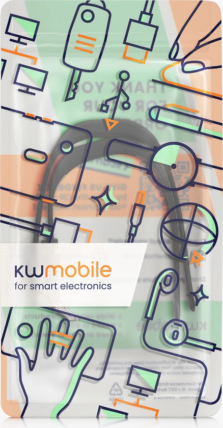 Verpakking van kwmobile voor smart electronics, met illustraties van elektronische accessoires.