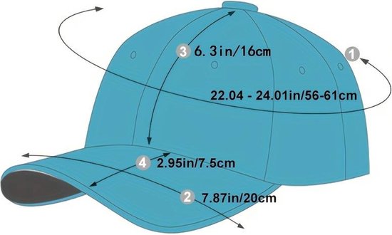 Afmetingen van een blauwe pet: hoofdomtrek 56-61cm, klep 20cm, hoogte 7.5cm, kroonhoogte 16cm.