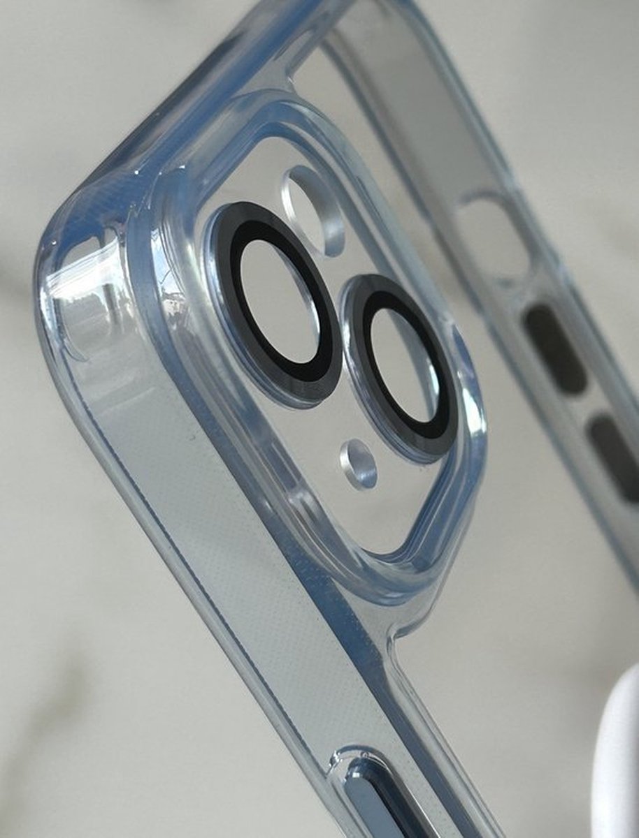 Anti-Yellow TPU/PC Hoesje - Geschikt voor iPhone 15 - Met Cameralens Glas Bescherming – Transparant/Blauw – 2.5mm Dikte