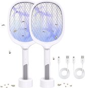 Elektrische Vliegenmepper (2 Stuks) 2 in 1 4000V USB Oplaadbare Vliegenmepper met Oplaadbasis en Insectendoder - Ideaal voor Muggen, Vliegen, Bijen, Motten