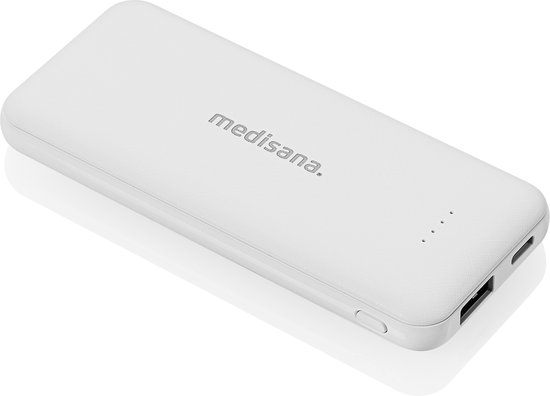 Witte medisana powerbank met indicatielampjes en twee USB-poorten.