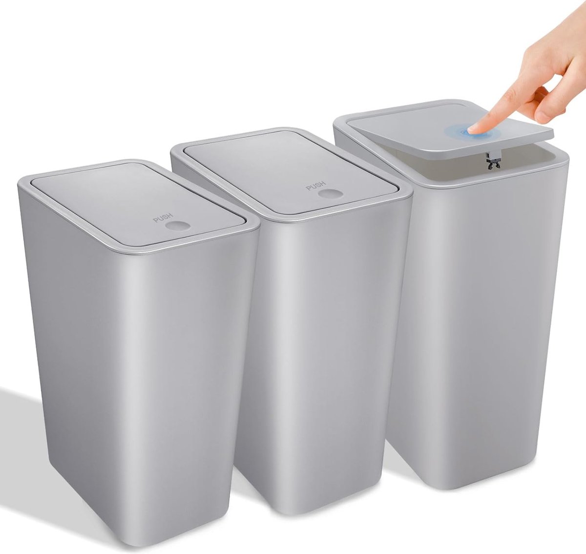 Goedkoopste Set van 3 vuilnisemmers voor badkamer, 10 liter, cosmetica-emmer met pop-up deksel, kleine afvalemmer voor badkamer, kantoor, keuken, slaapkamer, PP-materiaal, keukenafvalemmer (grijs