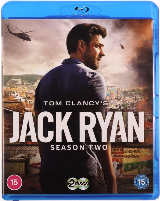 Tom Clancy's Jack Ryan Seizoen Twee Blu-ray hoes met een man die wegkijkt, met helikopters en een stad op de achtergrond.