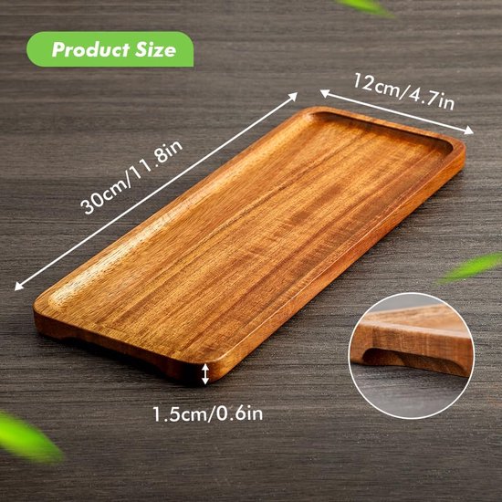 Zfseyuh 2 stuks rechthoekige houten dienbladen van hout, klein, decoratief dienblad, rechthoekig, van acaciahout, voor tafelblad, decoratieve opslag, 20 cm