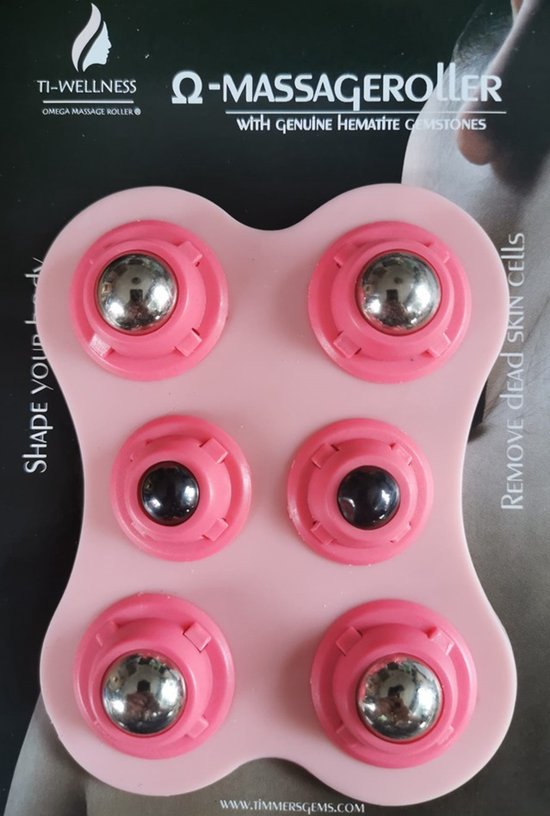 Roze massage roller met zes bolletjes: vier metalen en twee zwarte.