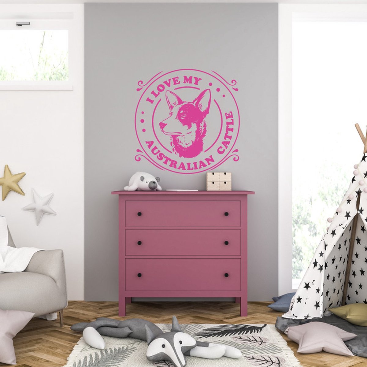MC Living Muursticker - I Love My Austrian Cattle - 40,6 x 40,6 - Roze