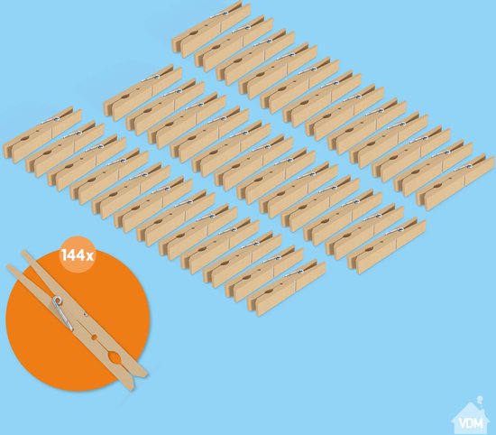 Veel houten wasknijpers geordend in rijen. 144 stuks.