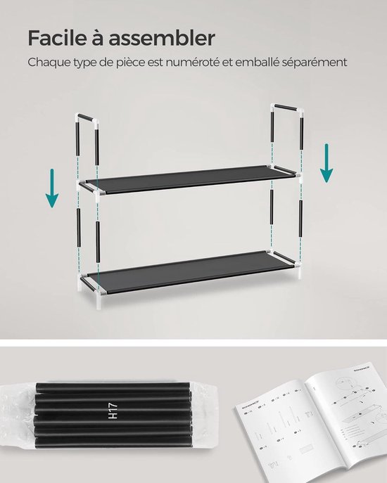 SONGMICS 2-laags rek, schoenenopslag voor gangkast, slank en ruimtebesparend, metalen frame, niet-geweven stoffen planken, zwart LSH052B01