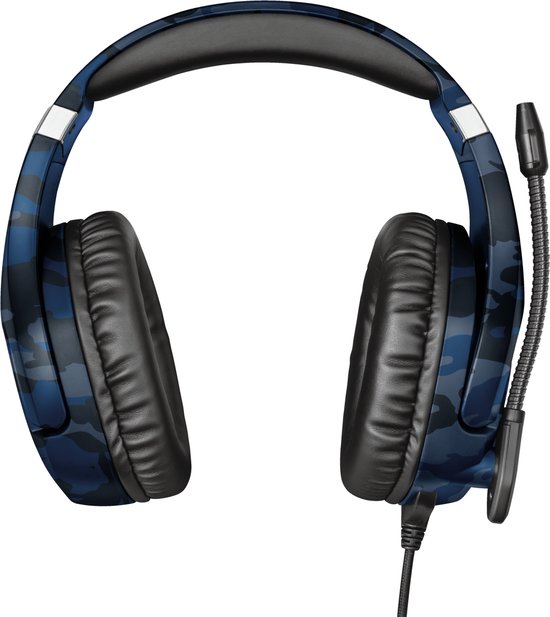 Blauwe Trust Forze-B gaming headset met camouflagepatroon en hoofdband.