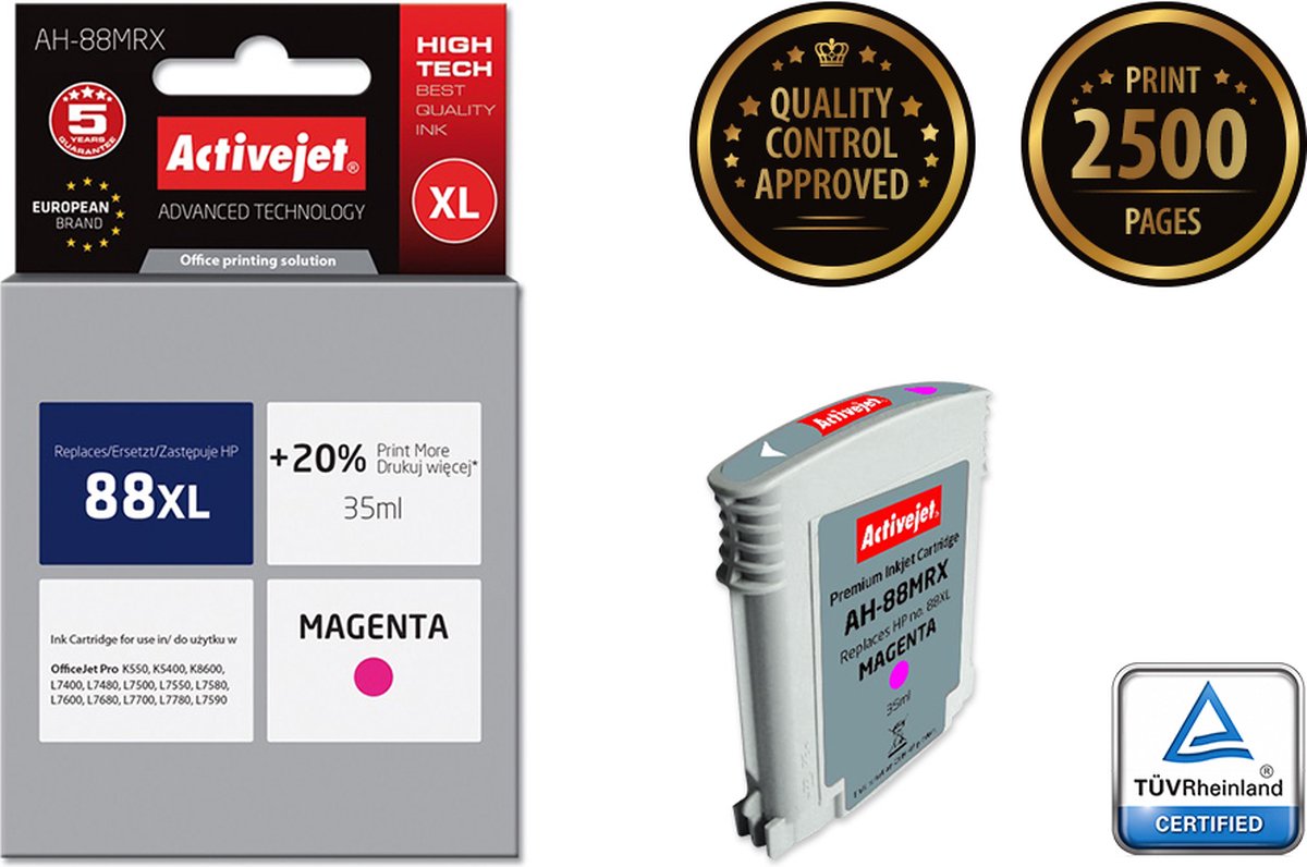 Image of Activejet AH-88MRX inkt (vervanging HP 88XL C9392AE; Premium; 35 ml; magenta)