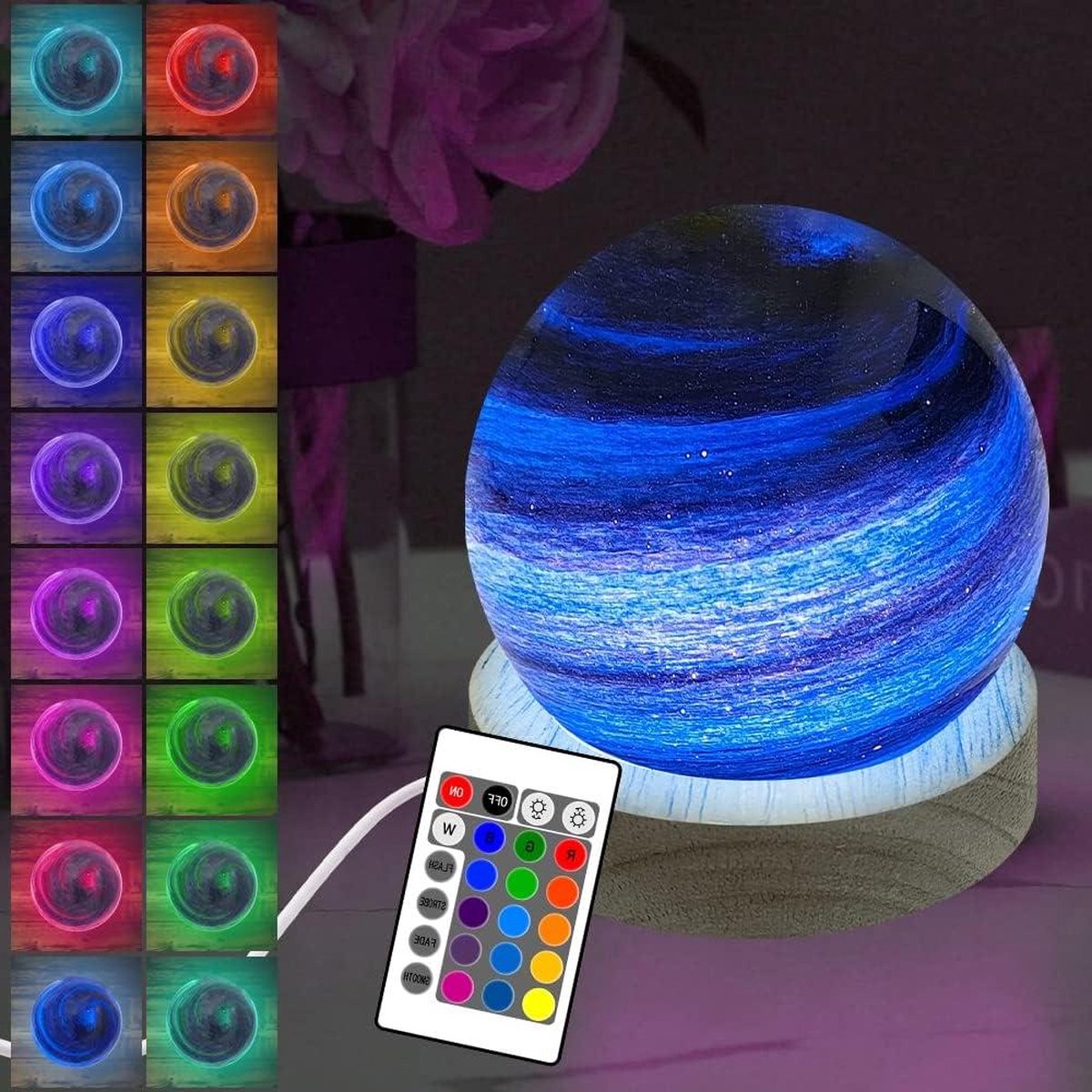 Planet glazen bol nachtlampje 16 kleuren led-sterrensfeerlicht tafellamp astronomie ornament afstandsbediening houten sokkel unieke coole cadeaus volwassenen Nachtlampje volwassenen