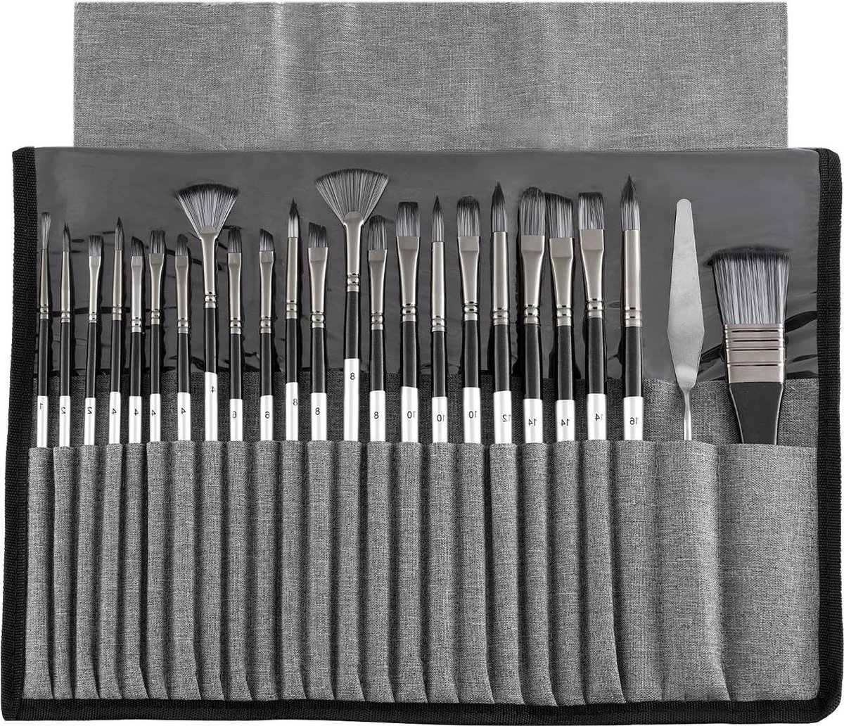 24 stuks acrylverf premium penseelset aquarelpenselen nylon penseelset gouache penseel spatel en opbergtas schilderset voor schilderliefhebbers