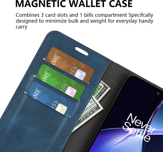 Gedetailleerde weergave van de binnenkant van een blauwe wallet bookcase met kaarten en geld.