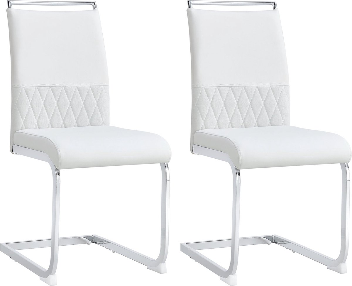 Merax Luxe Eetkamerstoelen Set van 2 - Kunstleer Gestoffeerde Stoelen zonder Armleuningen - Wit met Zilver
