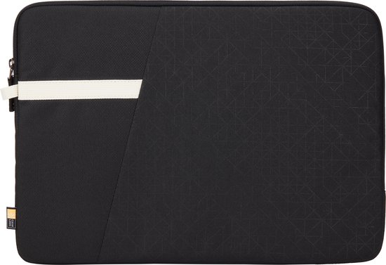 Zwarte laptophoes met geometrisch patroon en een witte band aan de linkerkant. Case Logic logo.