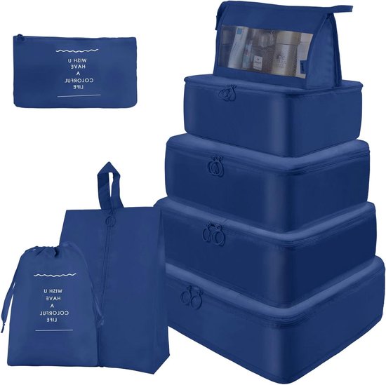 OSDUE Verpakkingszakken 8 Stuks Reisorganisator Reisbagage, Multifunctionele Waterdicht Organizers voor Kleding Schoenen Cosmetica Toiletartikelen Opbergzakken, Marineblauw