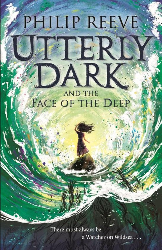 Boek 'Utterly Dark and the Face of the Deep' van Philip Reeve. Een meisje staat op een rots omringd door een woeste, kleurrijke golf.