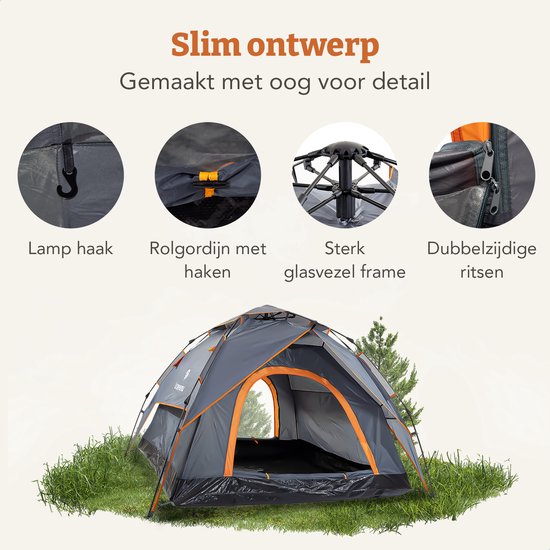 Gedetailleerde afbeeldingen van een automatische tent met oranje accenten: lamp haak, rol gordijn met haken, glasvezel frame, dubbele ritsen.