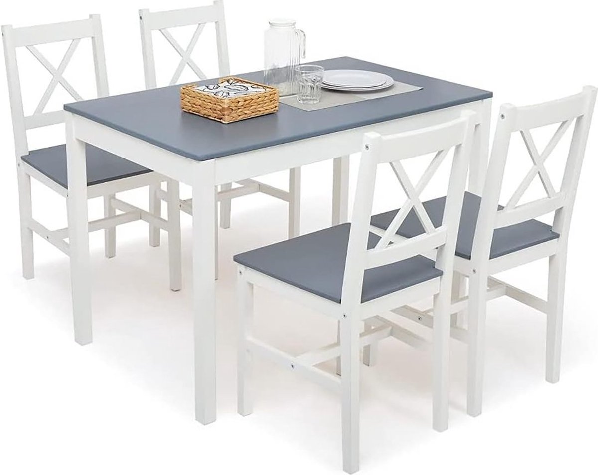 Eetkamerset 4-delige - Eetkamerstoelen Set van 4 met Tafel - Woonkamer Set - Wit met Grijs - Top Kwaliteiten