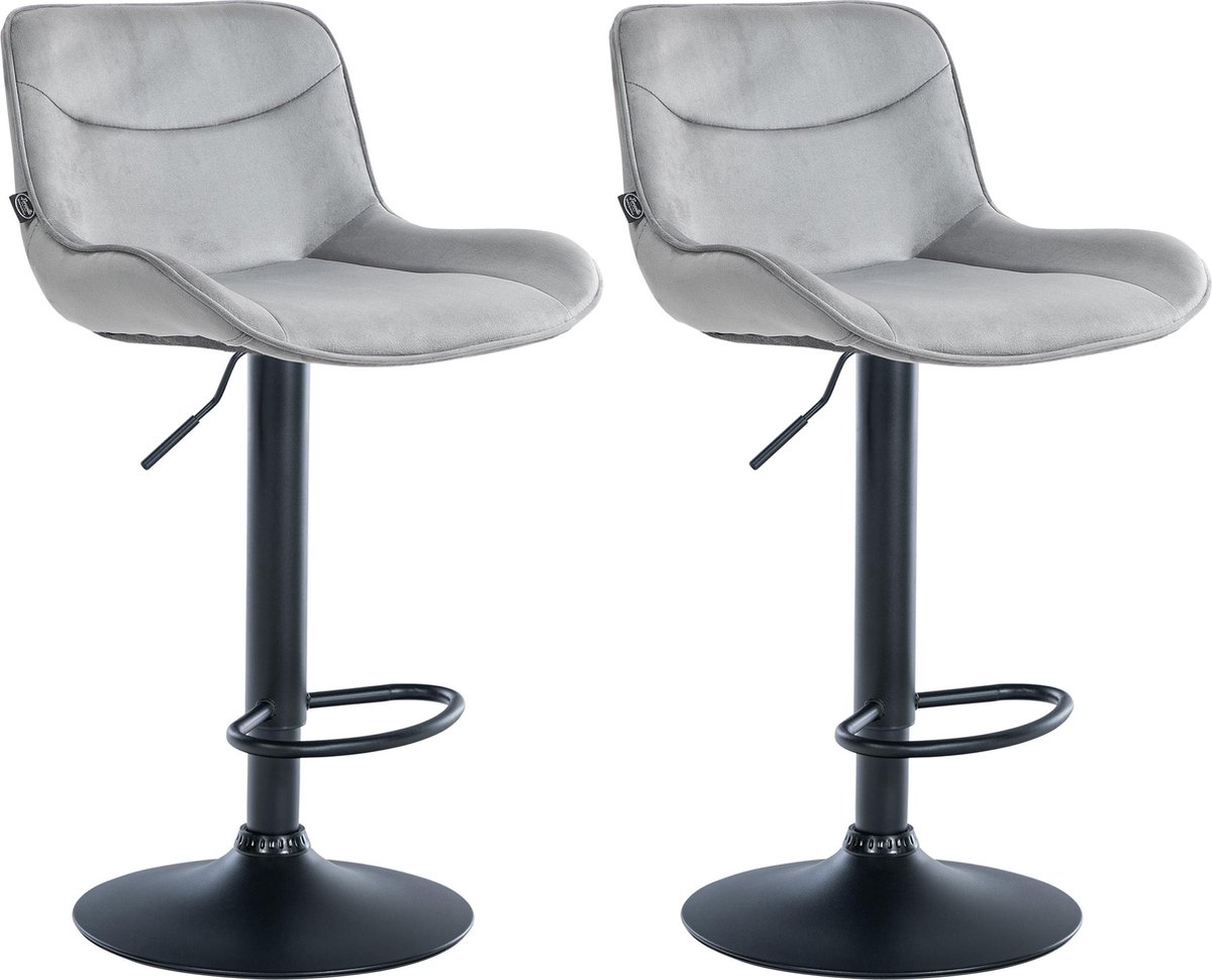 CLP Vonore Set van 2 barkrukken - Met rugleuning - Met voetensteun - Verstelbaar - Metalen frame - Velvet - Fluweel - zwart/grijs