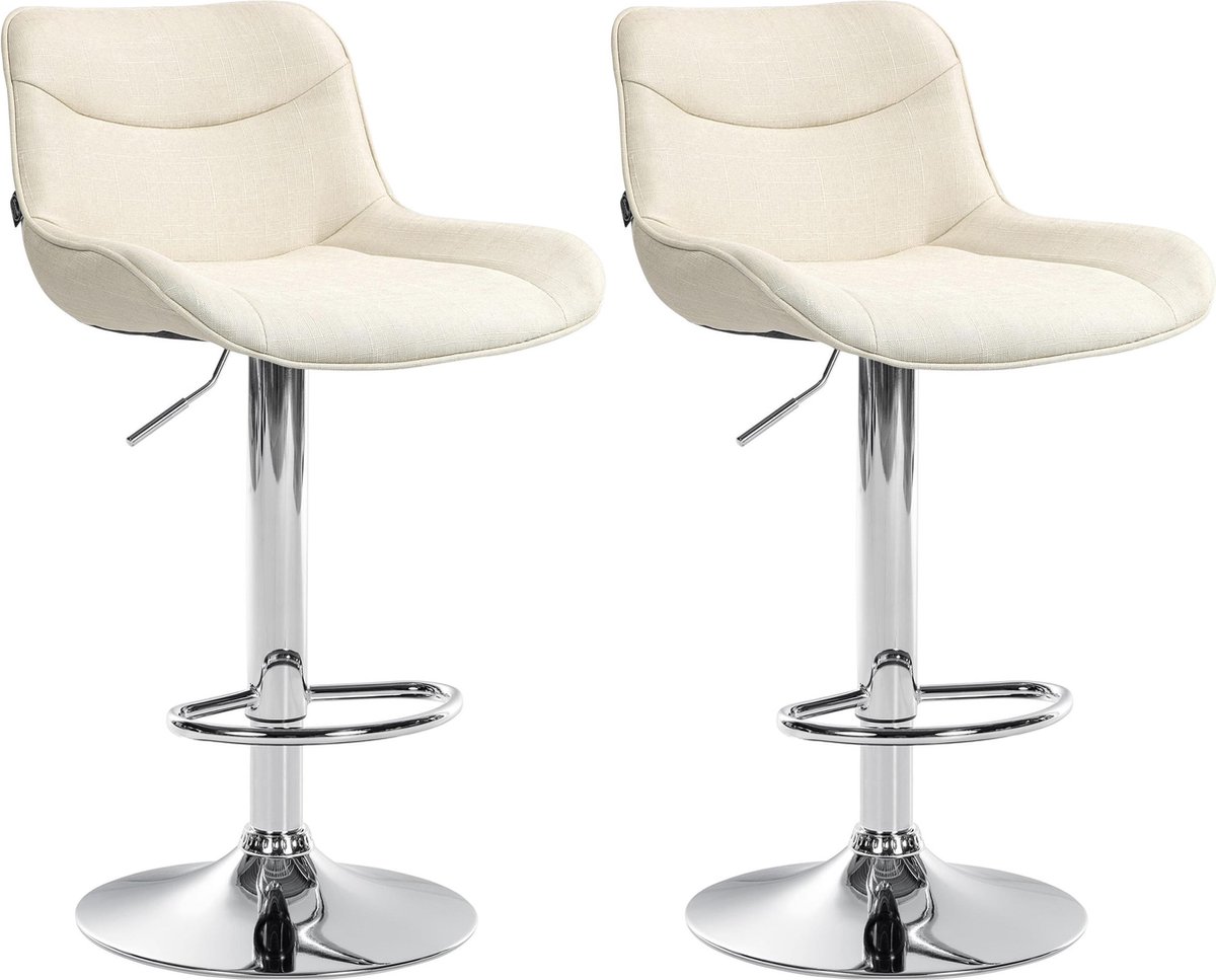 CLP Vonore Set van 2 barkrukken - Met rugleuning - Met voetensteun - Verstelbaar - Metalen frame - Stof - chroom/creme