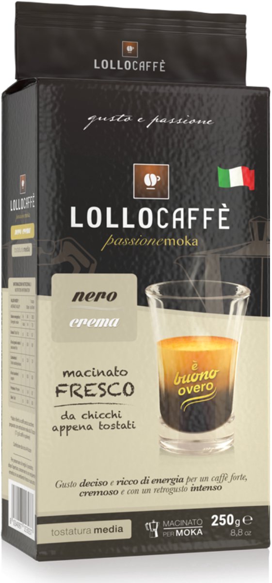 Lollo Caffe Nero Gemalen koffie, 250 g - Espresso koffie uit Napels - Voor Bialetti Moka Pot, Percolator, enz