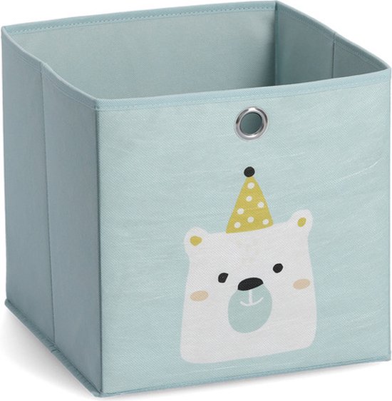 Boîte de rangement bleu clair avec un ours polaire portant un chapeau de fête jaune.