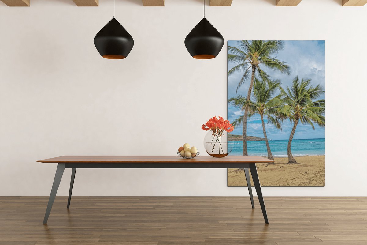 Trendex Global Canvas Schilderij - Landschap - Palmbomen - Strand - Zee - 120x80x2 cm Blauw