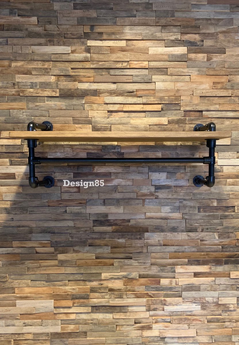 Industriële Kapstok 100 cm – Wandkapstok van Hout & Zwart Staal – Steigerbuis Kledinghanger met Haken – Design85