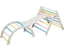 Buxibo XXL Klimrek - Opvouwbare Driehoek + Klimboog + Helling met Klimrek/Glijbaan - Montessori Meubels Houten Speelgym voor Binnen - Grijs - 210x83x81cm