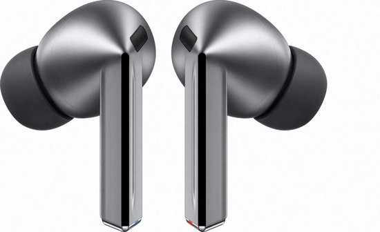 Linker en rechter Samsung Galaxy Buds3 Pro, zilverkleurig, met zwarte oordopjes.