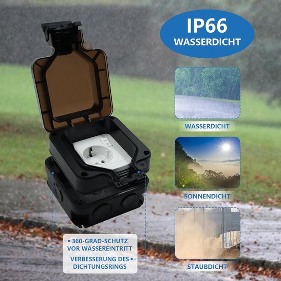 Buitenstopcontact, 2 enkelvoudige stopcontacten, waterdicht IP66, met schakelaar, afsluitbaar, opbouw, voor tuin, keuken, garage, wasruimte, buiten