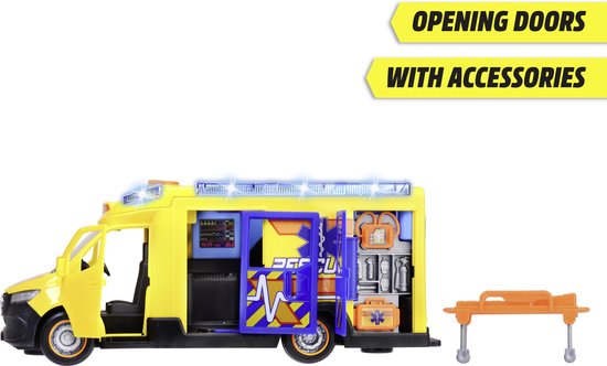 Gele ambulance met open deuren, medische accessoires, en een oranje brancard.