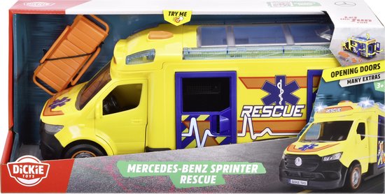 Gele ambulance met blauwe en oranje details in de verpakking, met brancard.