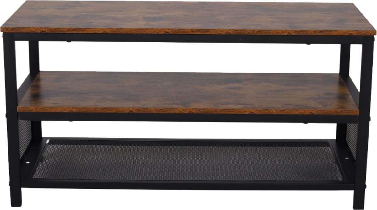 SensaHome - Nordic Antiek Houten TV Meubel/Schoenenbank - Drielaags Plank met Net - Klassiek en Elegant - 100x40x52cm - Bruin
