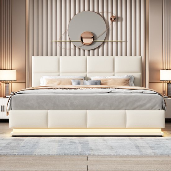 Gestoffeerd bed 180x200 cm met LED-verlichting & hydraulisch hefbare bedopbergruimte, bedbox & lattenbodemhoes van kunstleer tweepersoonsbed volwassen jeugdbed beige