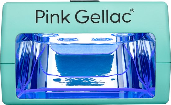 Lichtgroene Pink Gellac UV-lamp met deksel naar beneden en blauw licht aan.