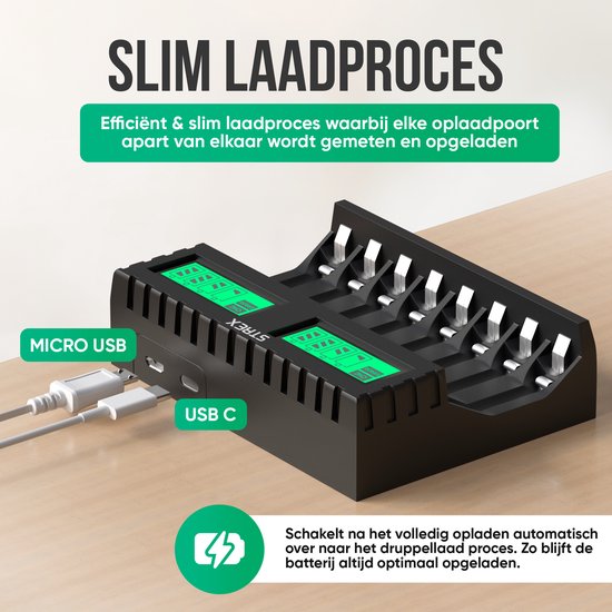 Zwarte Strex batterijlader met twee ingangen: Micro USB en USB C. Met LCD scherm.