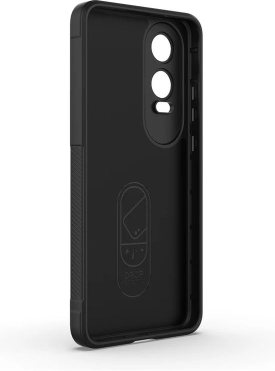 Zwarte telefoonhoes van binnen, met uitsparingen voor camera's.